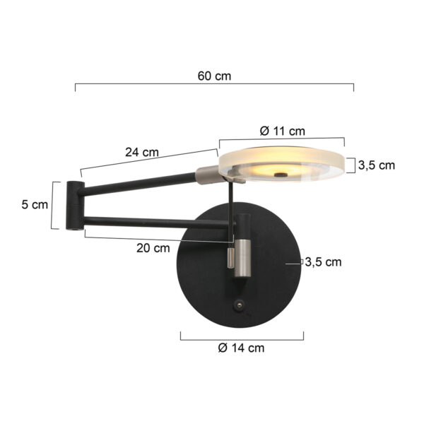 Steinhauer Turound wandlamp - LED - draai- en kantelbaar - 60 cm diep - glas en metaal - zwart - Image 6