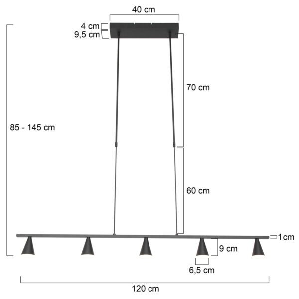 Steinhauer Vortex eettafellamp - ingebouwd LED - vijflichts - 120 cm breed - zwart - Image 5