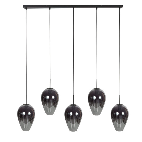 Langwerpige hanglamp met 5 druppelvormige smoke glazen Mexlite HaloSwap