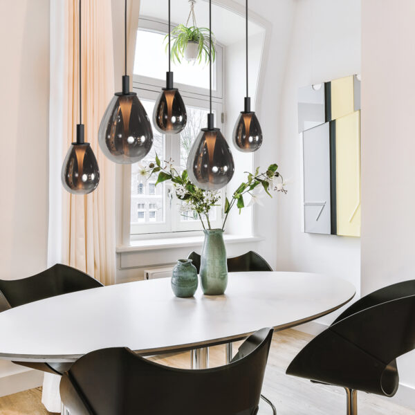 Design hanglamp zwart met 5 smoke glazen kappen Steinhauer Glimsy - Image 3