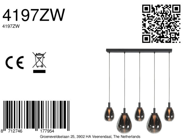 Design hanglamp zwart met 5 smoke glazen kappen Steinhauer Glimsy - Image 14