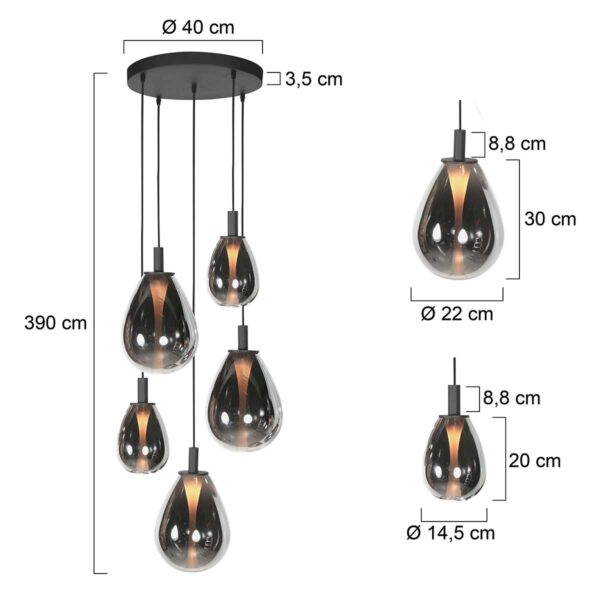 Ronde zwarte hanglamp met 5 druppelvormige smoke glazen Steinhauer Glimsy - Image 6