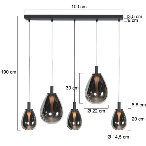 Design hanglamp zwart met 5 smoke glazen kappen Steinhauer Glimsy - Image 7