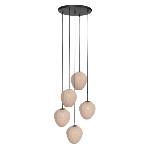 Hanglamp met 5 crèmekleurige druppelvormige kappen Mexlite HaloSwap