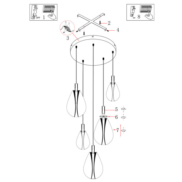 Ronde zwarte hanglamp met 5 druppelvormige smoke glazen Steinhauer Glimsy - Image 7