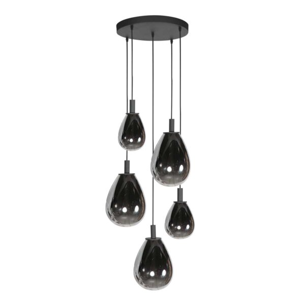Ronde zwarte hanglamp met 5 druppelvormige smoke glazen Steinhauer Glimsy - Image 2