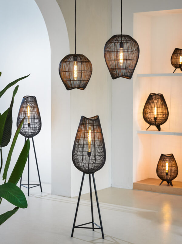 Zwarte staande driepootlamp met ovale draadkap Light & Living Yumi - H 145 cm - Image 5