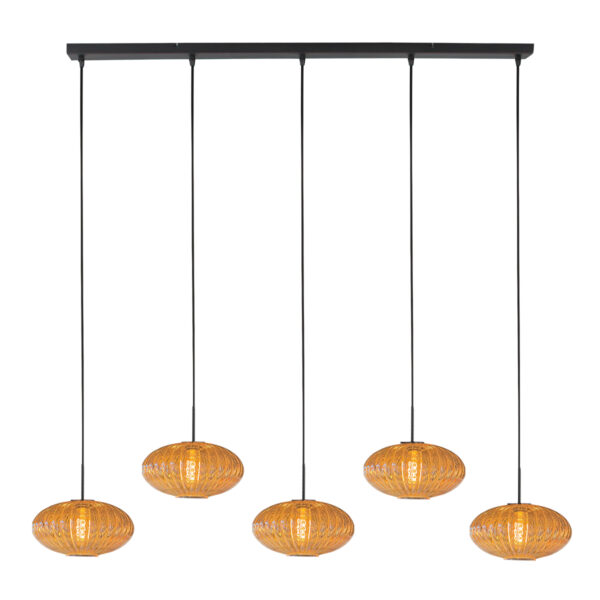 Stijlvolle hanglamp met 5 ribbelglazen in amberkleur Mexlite HaloSwap