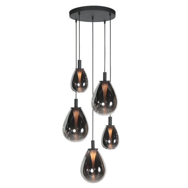 Ronde zwarte hanglamp met 5 druppelvormige smoke glazen Steinhauer Glimsy