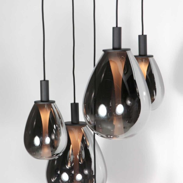 Ronde zwarte hanglamp met 5 druppelvormige smoke glazen Steinhauer Glimsy - Image 10