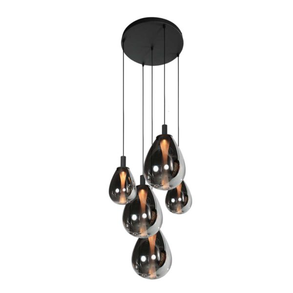Ronde zwarte hanglamp met 5 druppelvormige smoke glazen Steinhauer Glimsy - Image 8