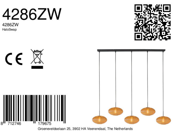 Stijlvolle hanglamp met 5 ribbelglazen in amberkleur Mexlite HaloSwap - Image 8