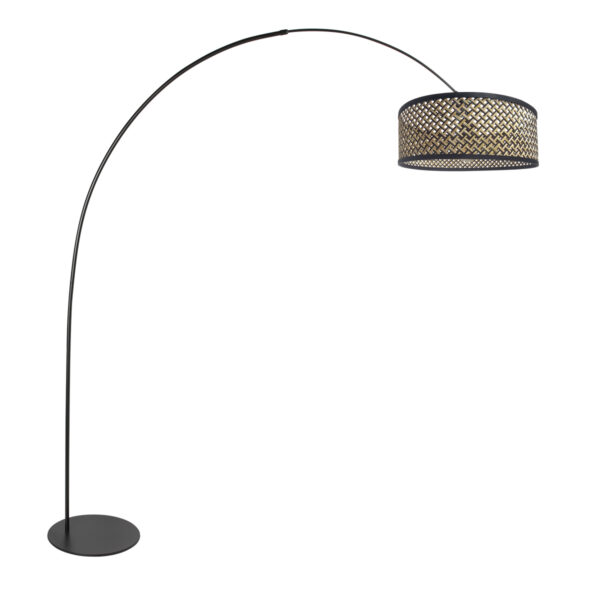 Zwarte booglamp met geweven bamboe kap Anne Lighting Curve