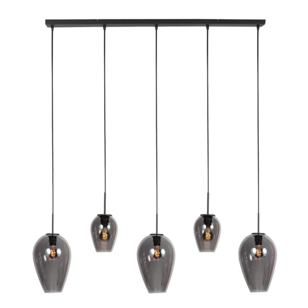 Zwarte 5-lichts hanglamp met gemixte smoke glazen Mexlite HaloSwap