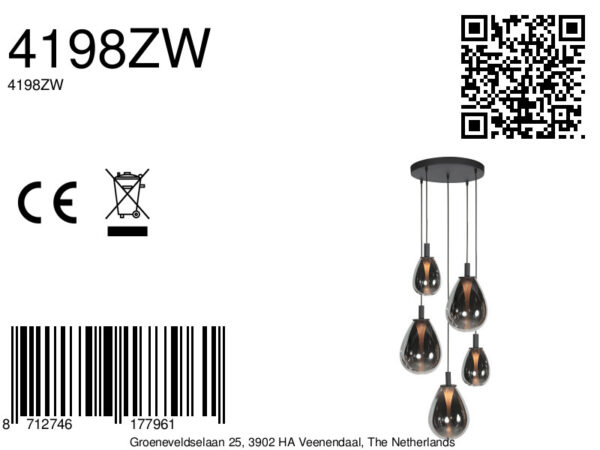 Ronde zwarte hanglamp met 5 druppelvormige smoke glazen Steinhauer Glimsy - Image 12